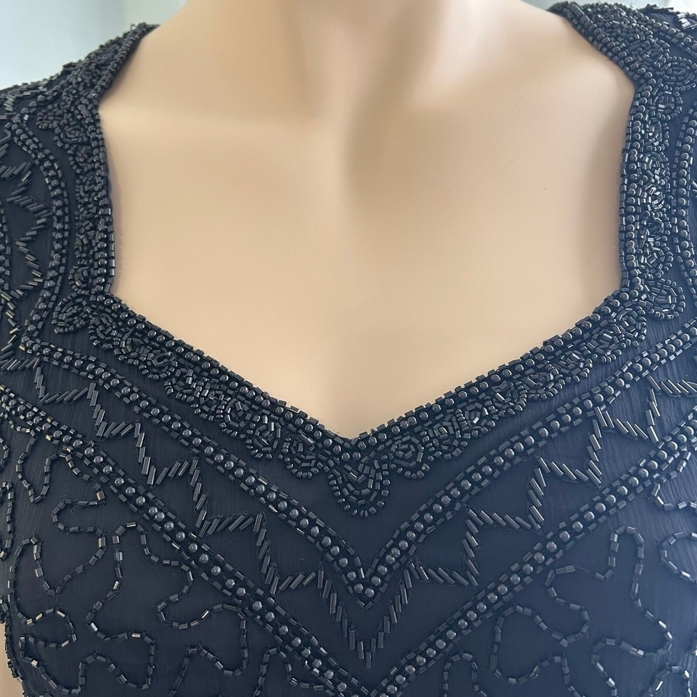 Vintage 80s Cote d'Azur Black Beaded Silk Evening Blouse Sweetheart Top L - Picture 4 of 10
